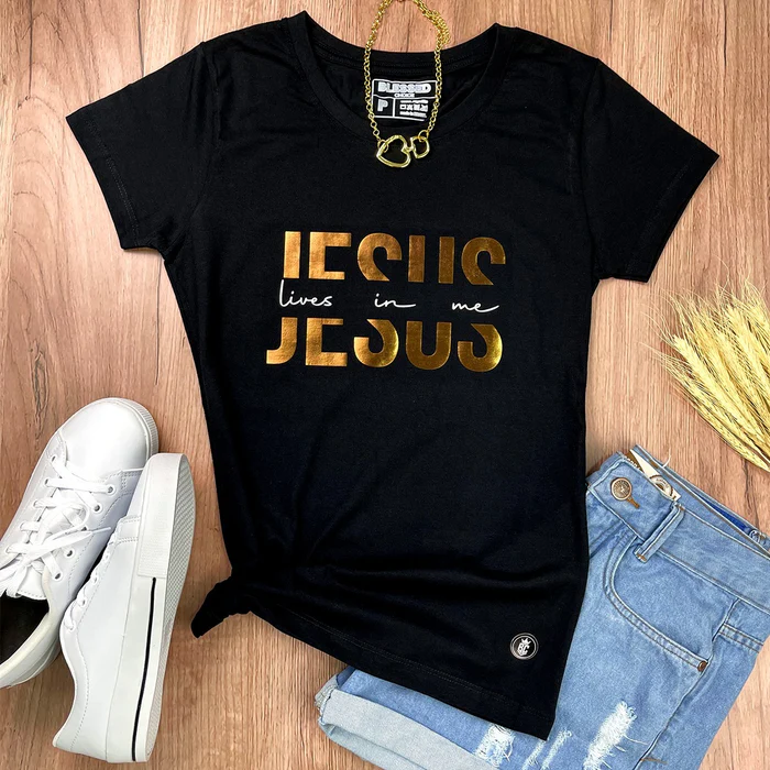 Camiseta Feminina Preta Jesus Lives In Me - Imagem 1