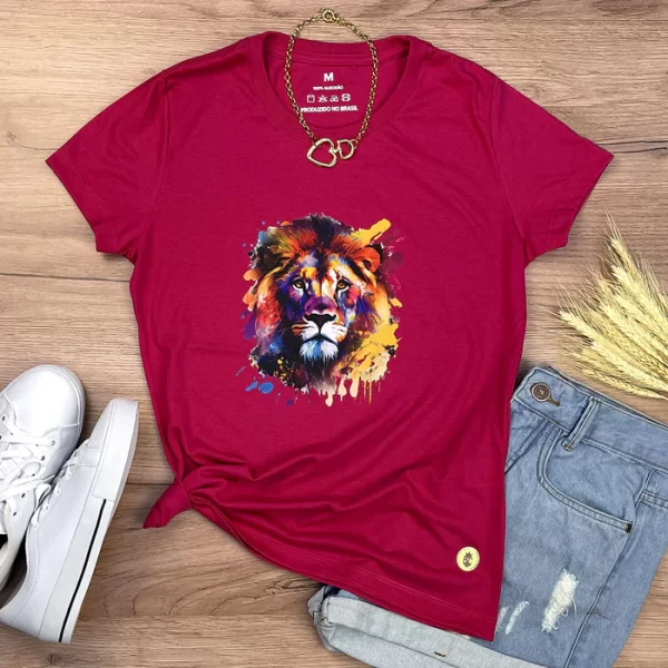 Camiseta Feminina Preta Leão Colorido