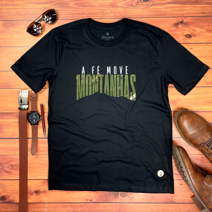 Camiseta Masculina Preta A fé Move Montanhas Camaleão - Imagem 1