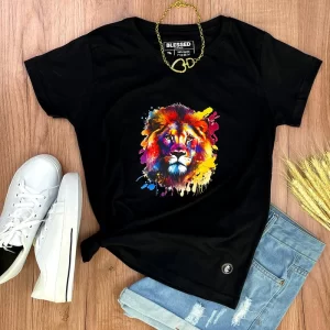 Camiseta Feminina Preta Leão Colorido