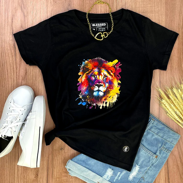 Camiseta Feminina Preta Leão Colorido - Imagem 1