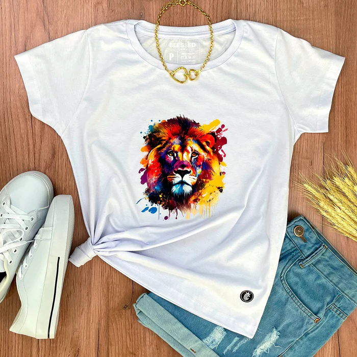 Camiseta Feminina Preta Leão Colorido - Imagem 3