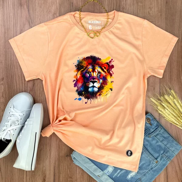 Camiseta Feminina Preta Leão Colorido
