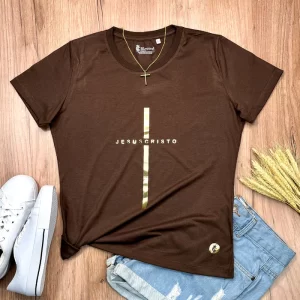 Camiseta Feminina Preta Cruz Dourada Jesus Cristo - Imagem 5