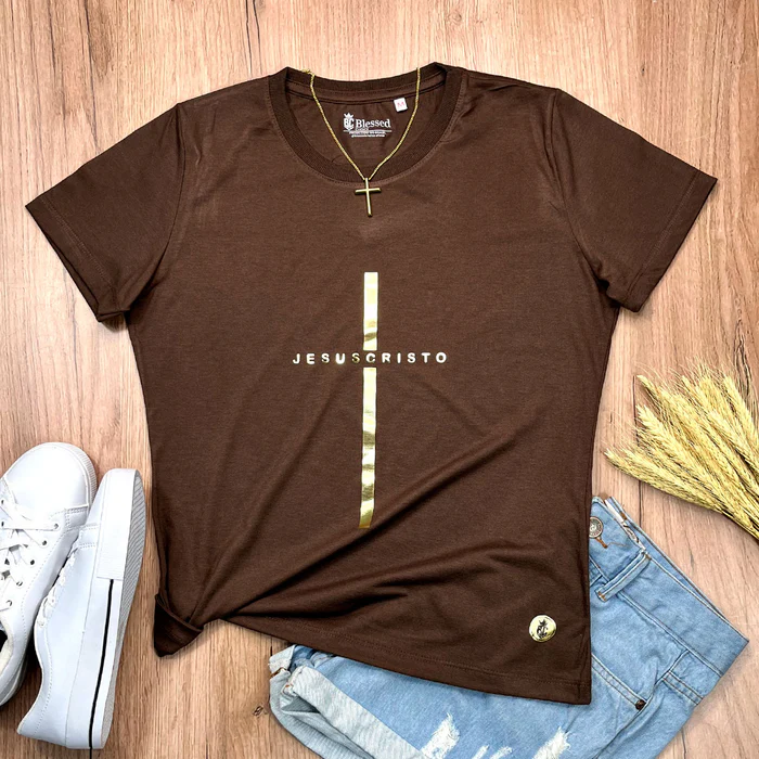 Camiseta Feminina Preta Cruz Dourada Jesus Cristo - Imagem 5
