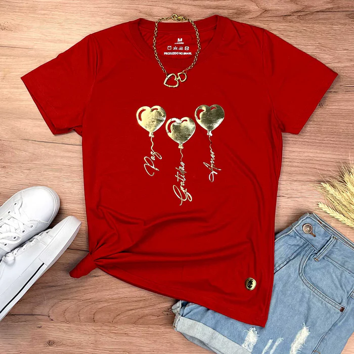 Camiseta Feminina Vermelha Coração Paz Amor Dourado - Imagem 1