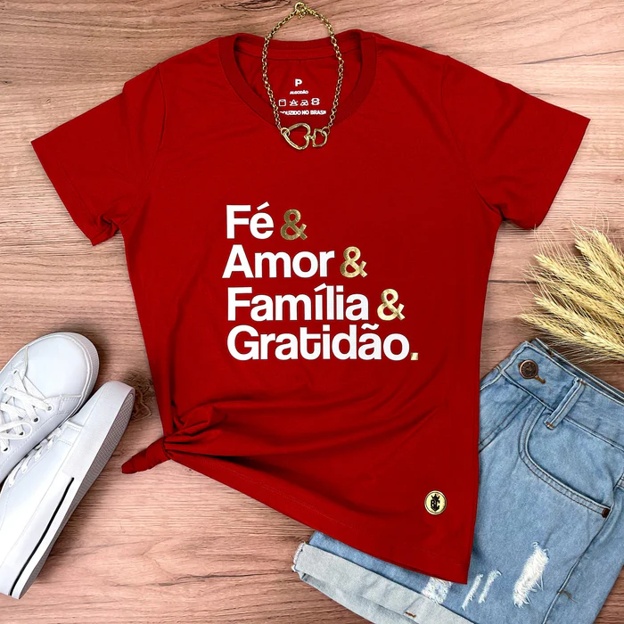 Camiseta Feminina Vermelha Fé & Amor Dourado - Imagem 1
