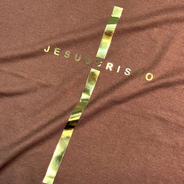 Camiseta Feminina Preta Cruz Dourada Jesus Cristo