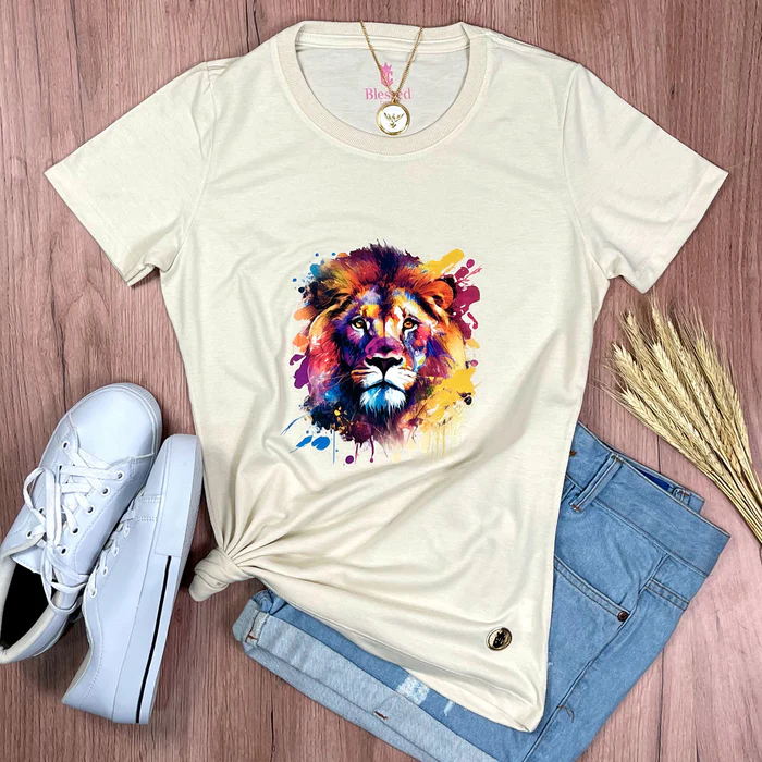 Camiseta Feminina Preta Leão Colorido - Imagem 11