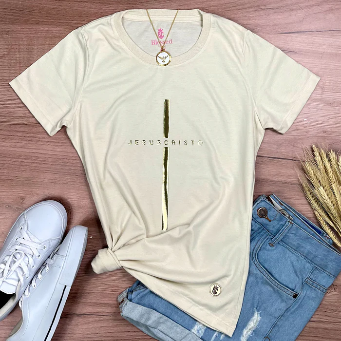 Camiseta Feminina Preta Cruz Dourada Jesus Cristo - Imagem 7