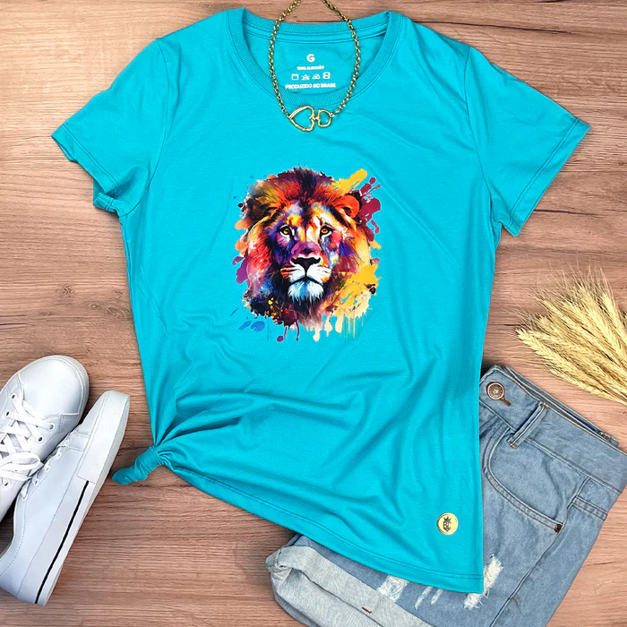 Camiseta Feminina Preta Leão Colorido - Imagem 7