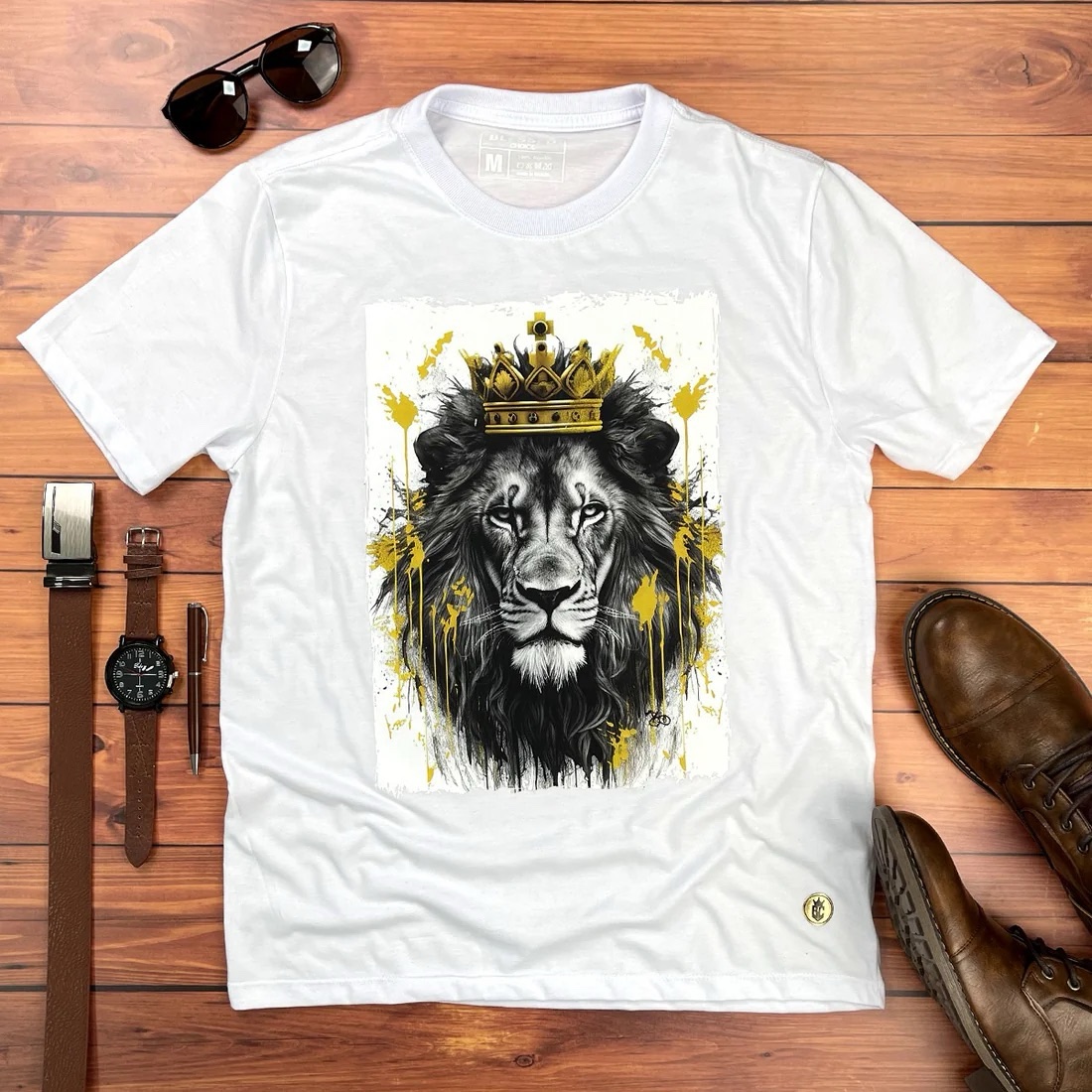 Camiseta Masculina Branca Leão Coroa - Imagem 1