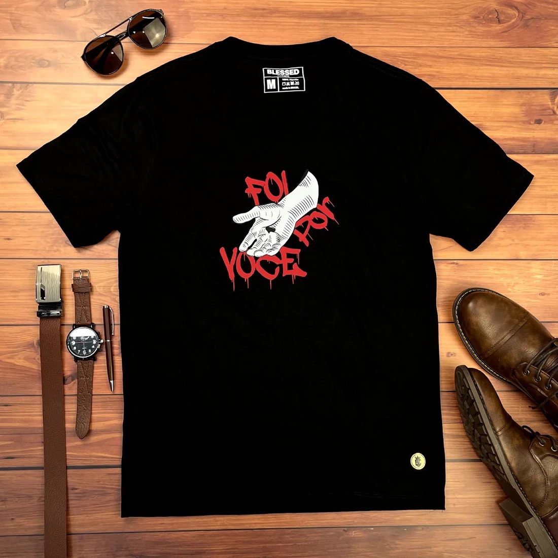 Camiseta Masculina Preta Foi Por Você Mão - Imagem 1
