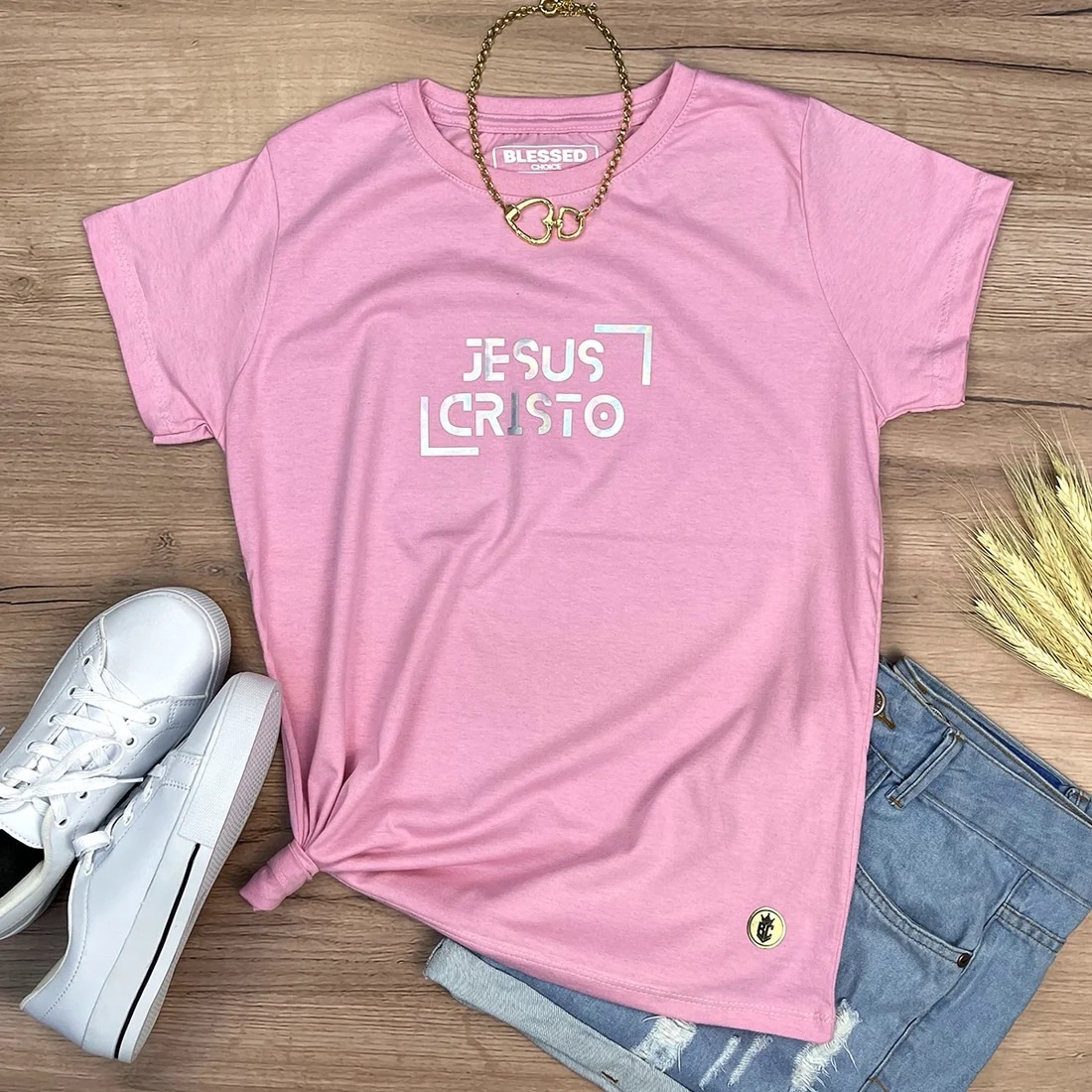Camiseta Feminina Rosa Jesus Cristo Holográfico - Imagem 1