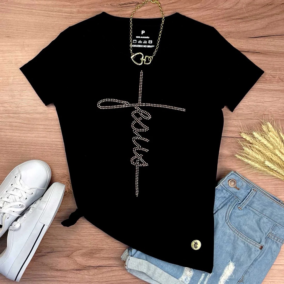 Camiseta Feminina Preta Jesus Strass - Imagem 1