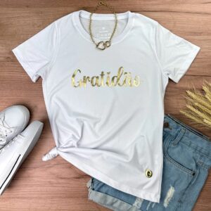 Camiseta Feminina Branca Gratidão Dourado - Imagem 1