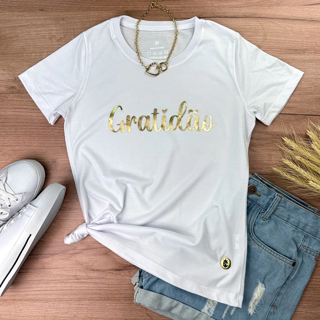 Camiseta Feminina Branca Gratidão Dourado - Imagem 1