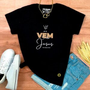 Camiseta Feminina Preta Ora Vem Senhor Jesus