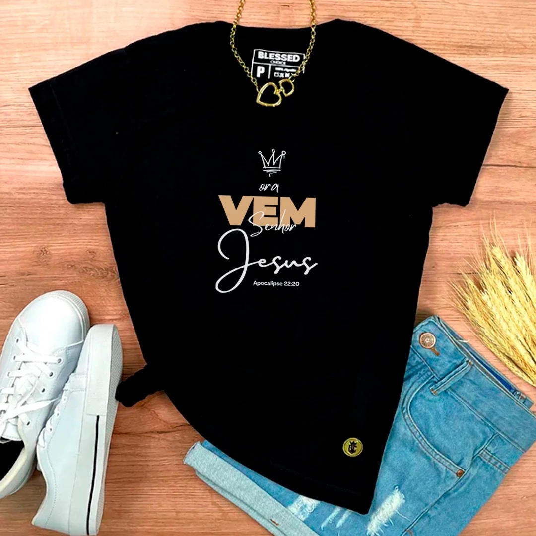 Camiseta Feminina Preta Ora Vem Senhor Jesus - Imagem 1