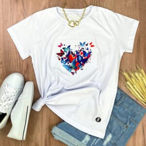 Camiseta Feminina Branca Coração Borboletas - Imagem 1