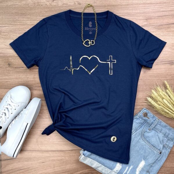 Camiseta Feminina Preta Batimento Coração Dourado