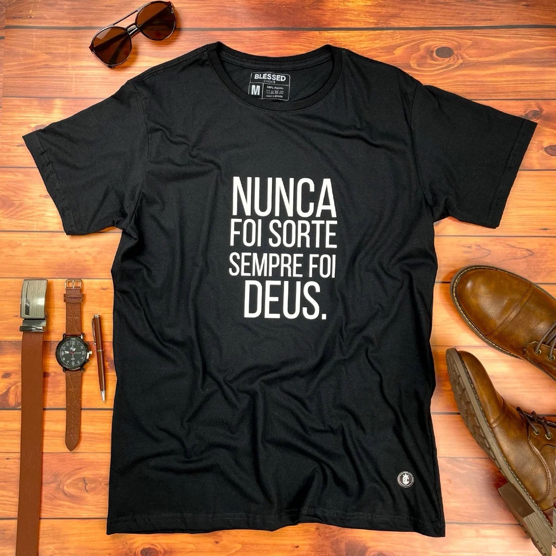 Camiseta Masculina Preta Nunca foi sorte sempre foi Deus. - Imagem 1