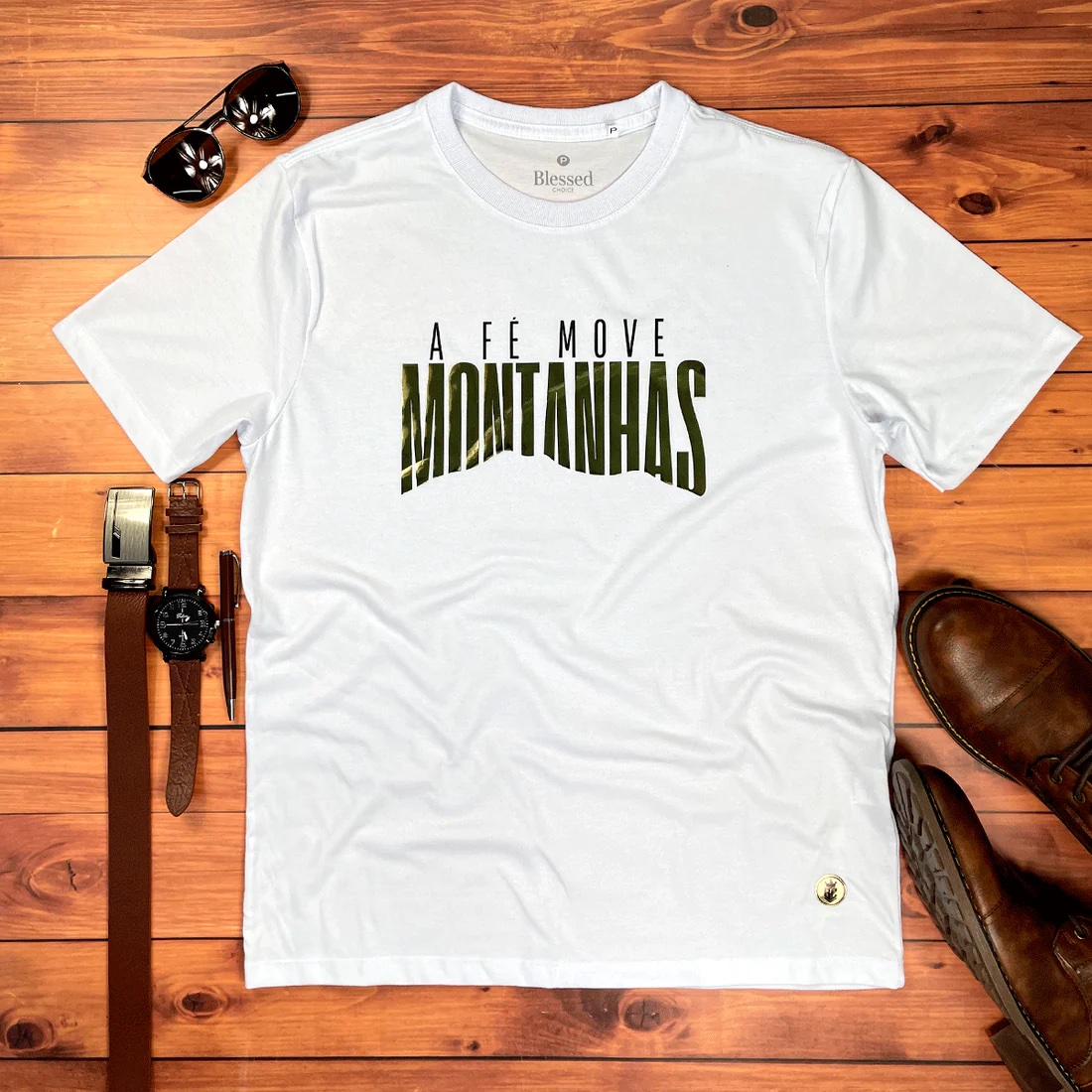 Camiseta Masculina Preta A fé Move Montanhas Camaleão - Imagem 2