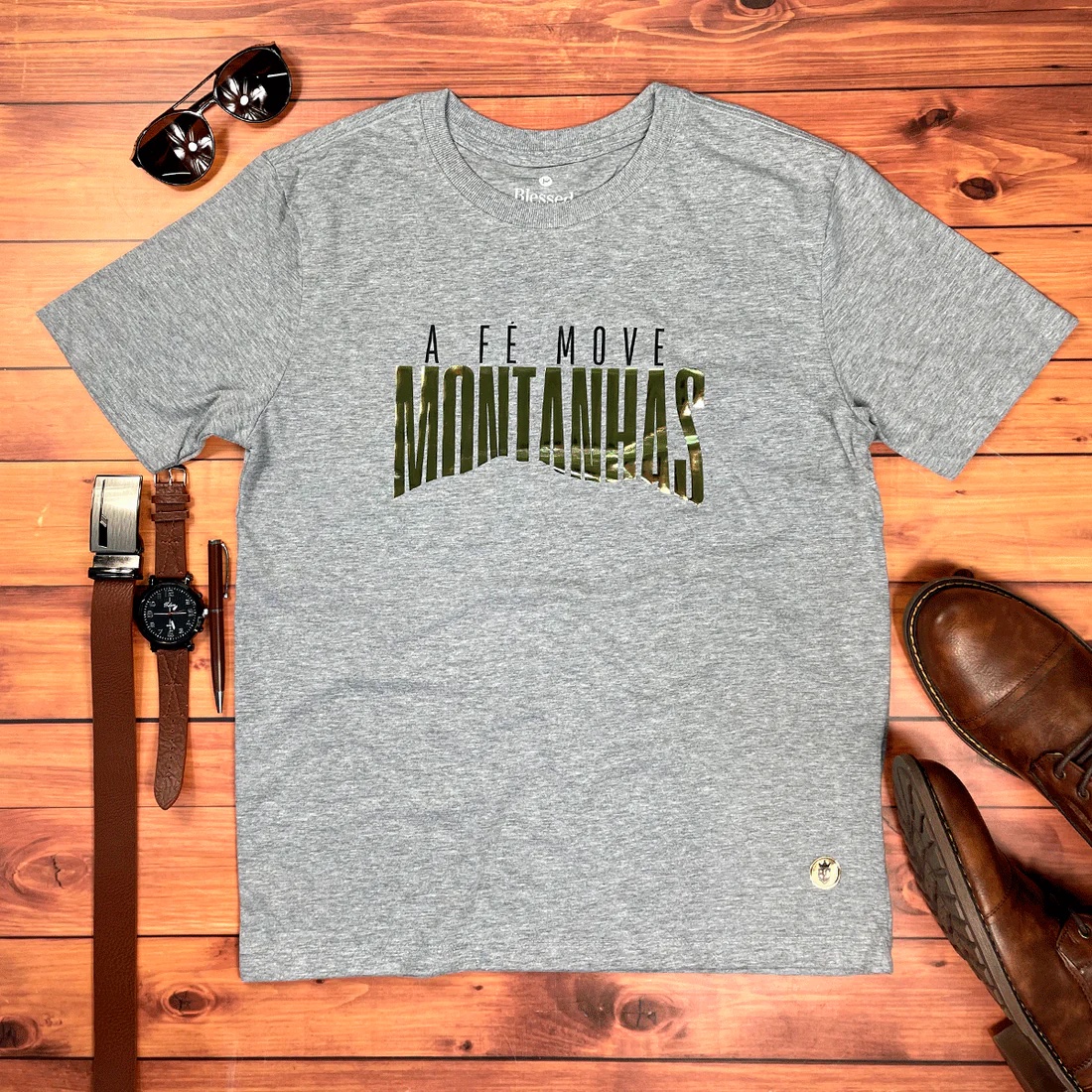 Camiseta Masculina Preta A fé Move Montanhas Camaleão - Imagem 3