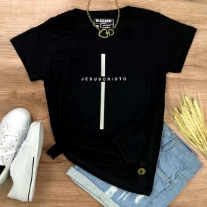 Camiseta Feminina Cruz Preta Jesus Cristo - Imagem 1