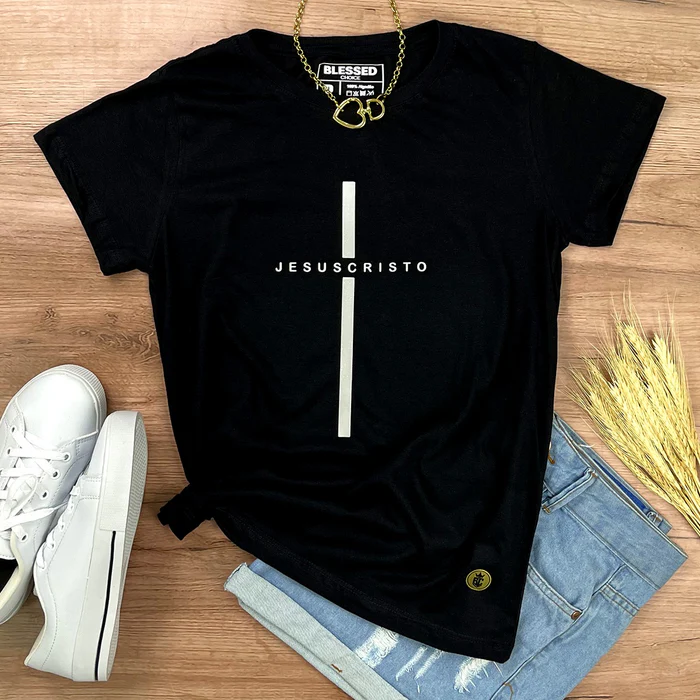 Camiseta Feminina Cruz Preta Jesus Cristo - Imagem 1