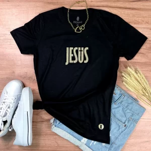 Camiseta Feminina Preta Jesus Cruz Glitter - Imagem 1