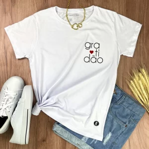 Camiseta Feminina Branca Gratidão Coração - Imagem 1