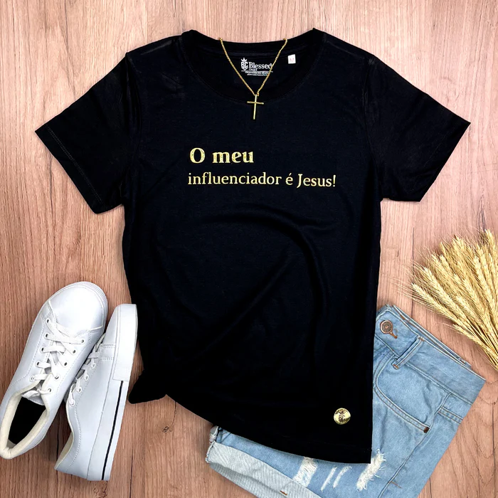 Camiseta Feminina Preta O Meu Influenciador É Jesus! - Imagem 1