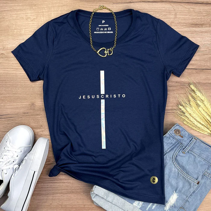 Camiseta Feminina Cruz Preta Jesus Cristo - Imagem 8