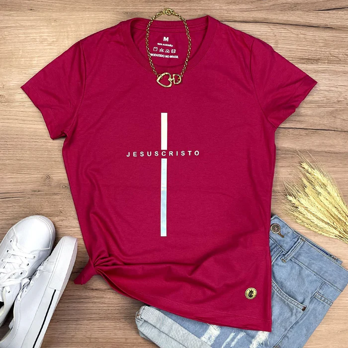 Camiseta Feminina Cruz Preta Jesus Cristo - Imagem 4