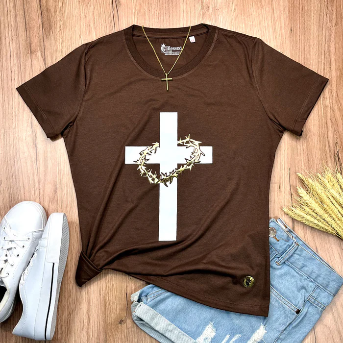 Camiseta Feminina Marrom Cruz Espinhos - Imagem 1