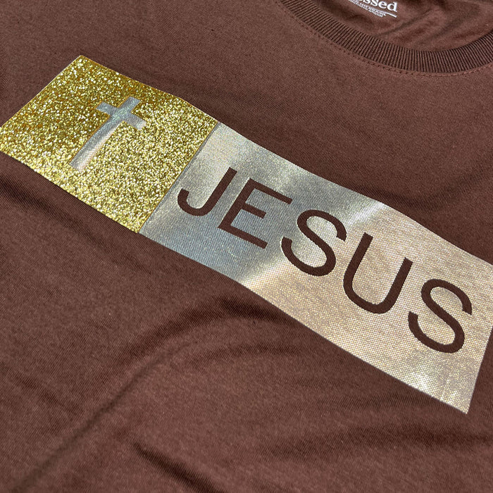 Camiseta Feminina Marrom Aplique Jesus Glitter Dourado - Imagem 2
