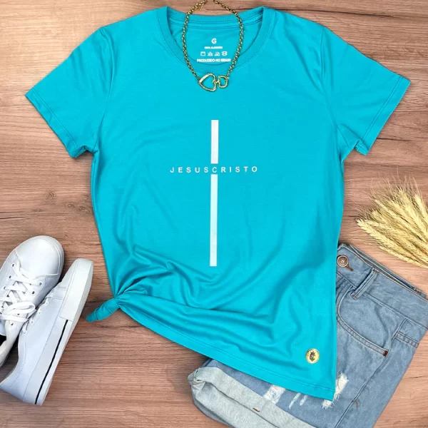 Camiseta Feminina Cruz Preta Jesus Cristo