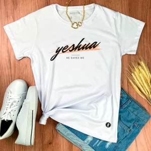 Camiseta Feminina Branca Yeshua He Saved Me - Imagem 1