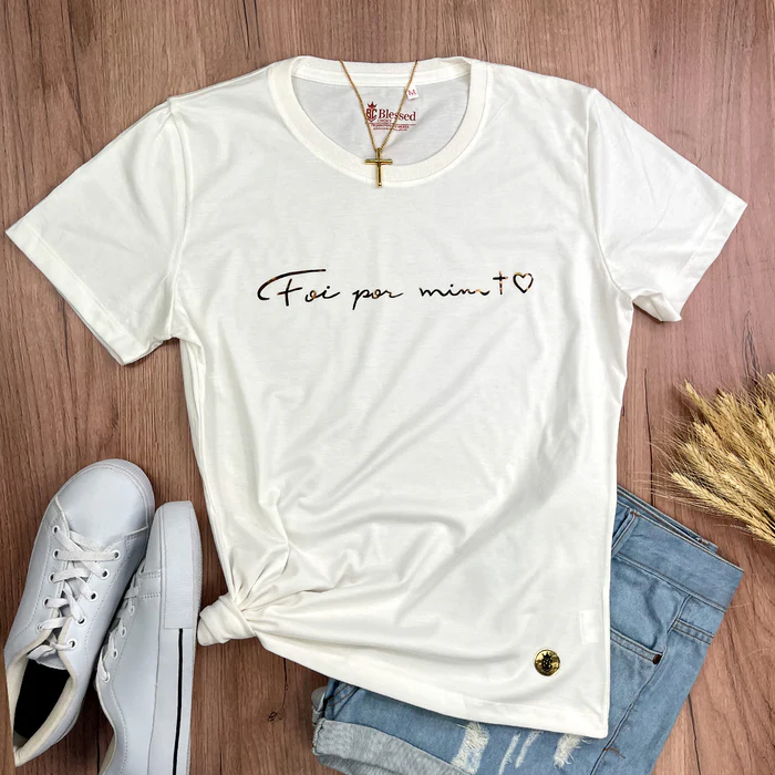 Camiseta Feminina Off White Foi Por Mim Cruz Coração - Imagem 1