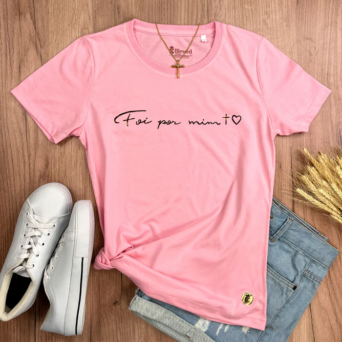 Camiseta Feminina Rosa Foi Por Mim Cruz Coração - Imagem 1