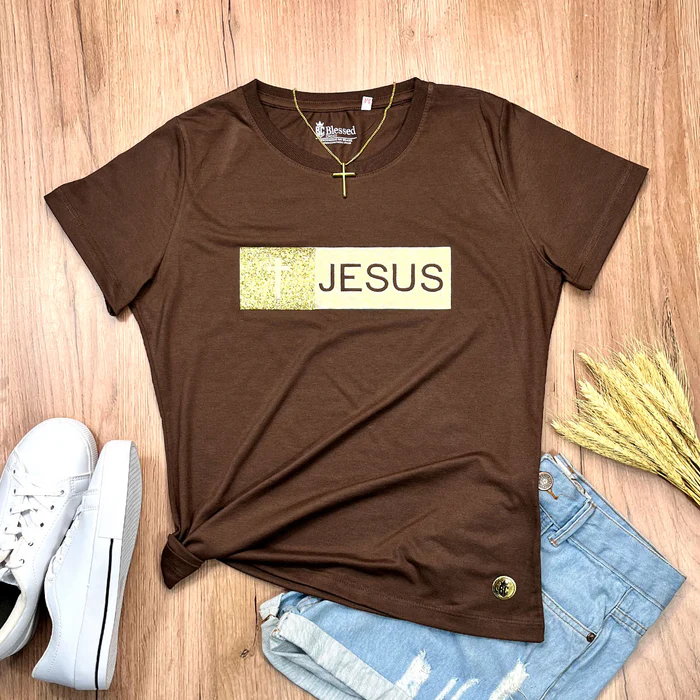 Camiseta Feminina Marrom Aplique Jesus Glitter Dourado - Imagem 1