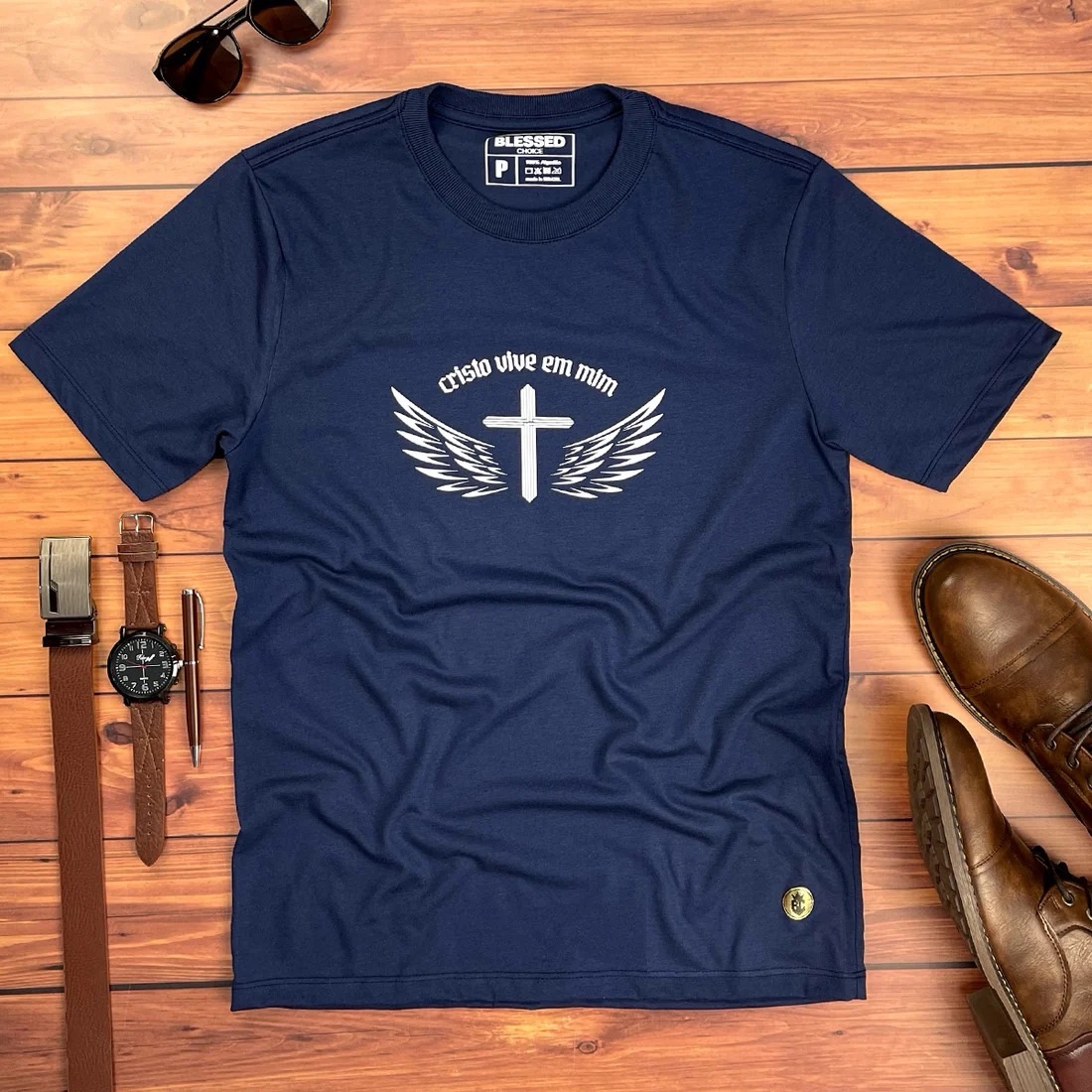 Camiseta Masculina Azul Cristo vive em mim - Imagem 1