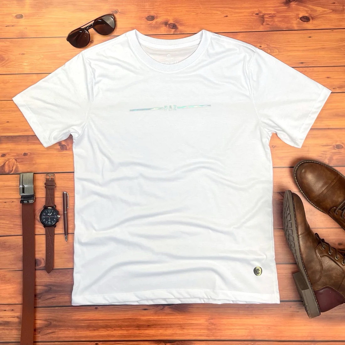 Camiseta Masculina Branca Paz Holográfico - Imagem 1