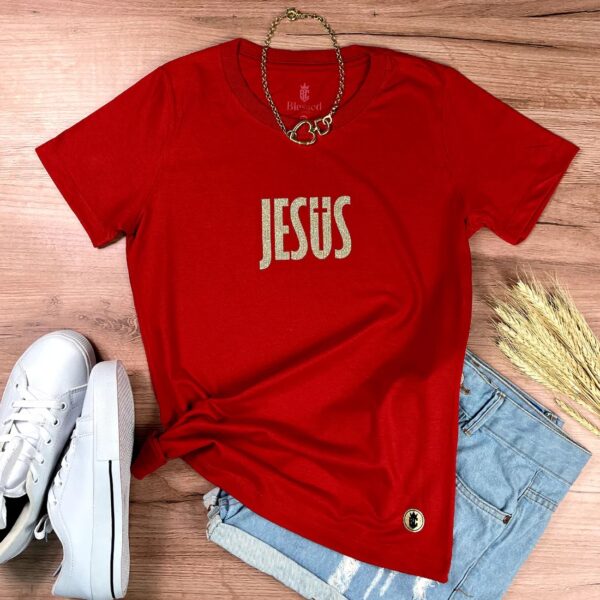 Camiseta Feminina Preta Jesus Cruz Glitter