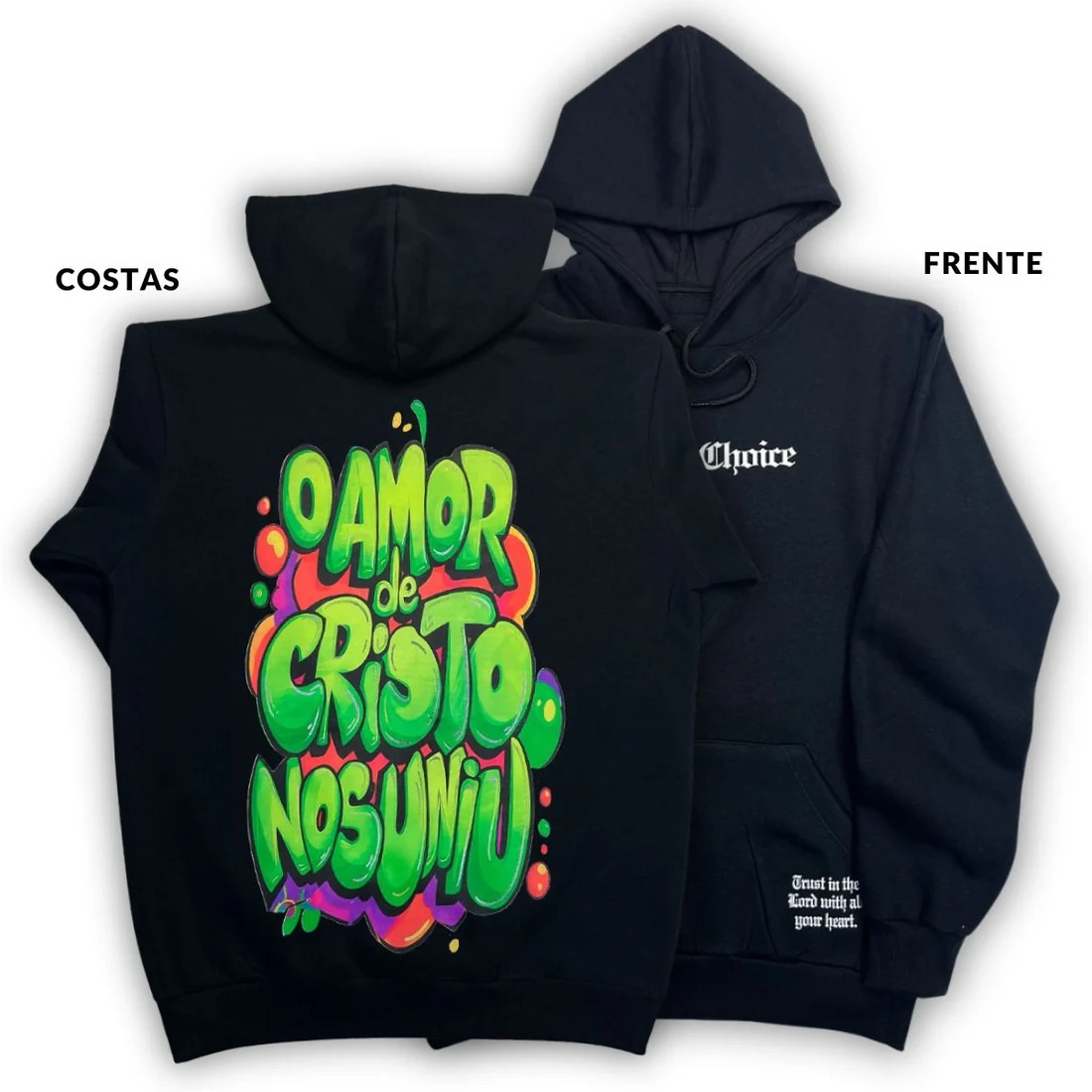 Moletom Canguru Com Capuz Preto O Amor De Cristo Nos Uniu - Imagem 1