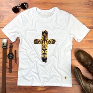 Camiseta Masculina Branca Cruz Leão Dourado