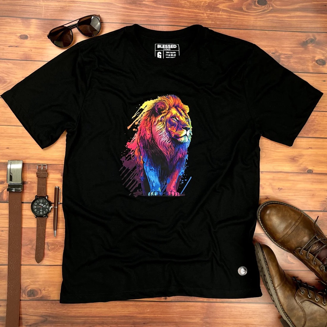 Camiseta Masculina Preta Leão Colorido - Imagem 1