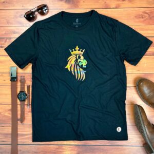 Camiseta Masculina Preta Leão Coroa Aplique Dourado - Imagem 1