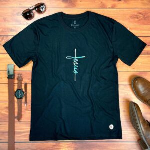 Camiseta Masculina preto Aplique Cruz Jesus - Imagem 1
